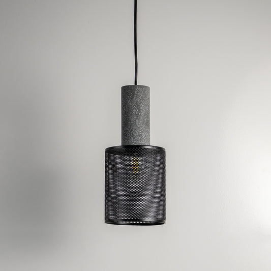 Smoky ribbed glass pendant light with black metal fittings crafted for elegant living spaces.