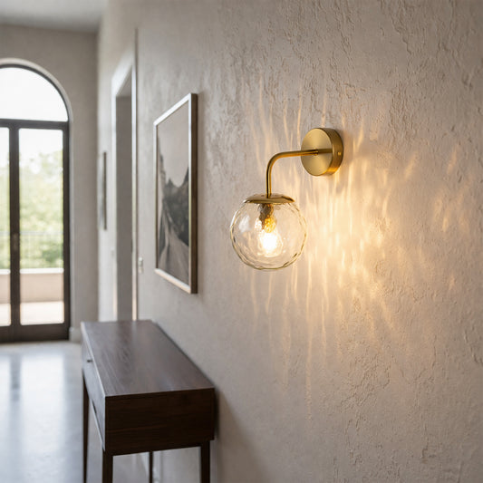 Elegant brass wall light with textured glass glow enhancing modern hallway and bedroom interior ambiance.
