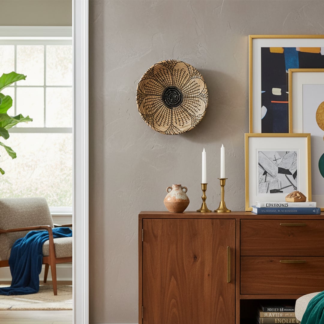 Handcrafted round wall decor in natural woven finish mounted above wooden cabinet adding warm earthy texture to modern living room decor.