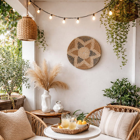 Natural woven wall basket styled above a sofa creating a warm bohemian wall decor for modern living spaces.