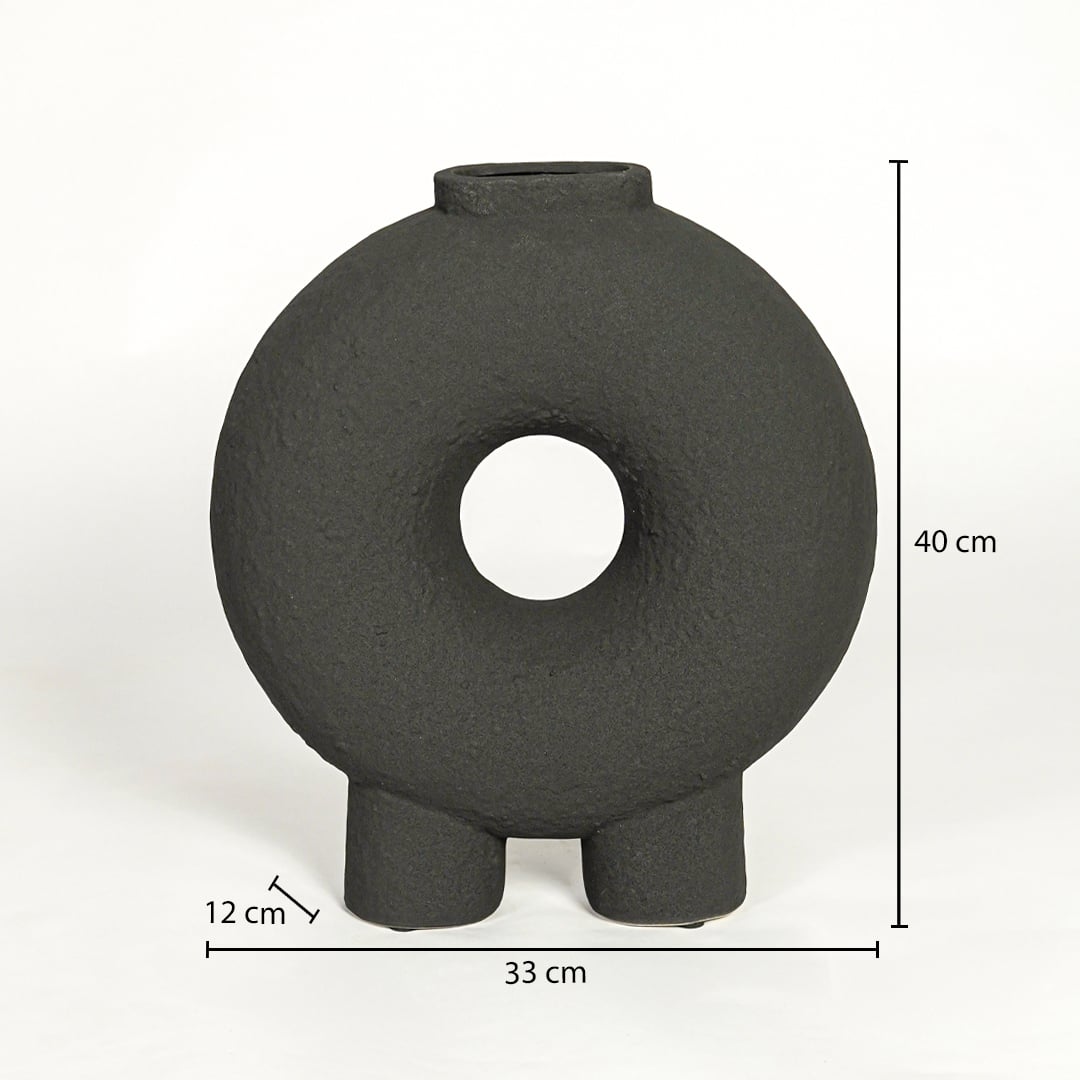 Black ceramic decorative ring vase showing 40 cm height 33 cm width and 12 cm depth suitable for table console or shelf placement.