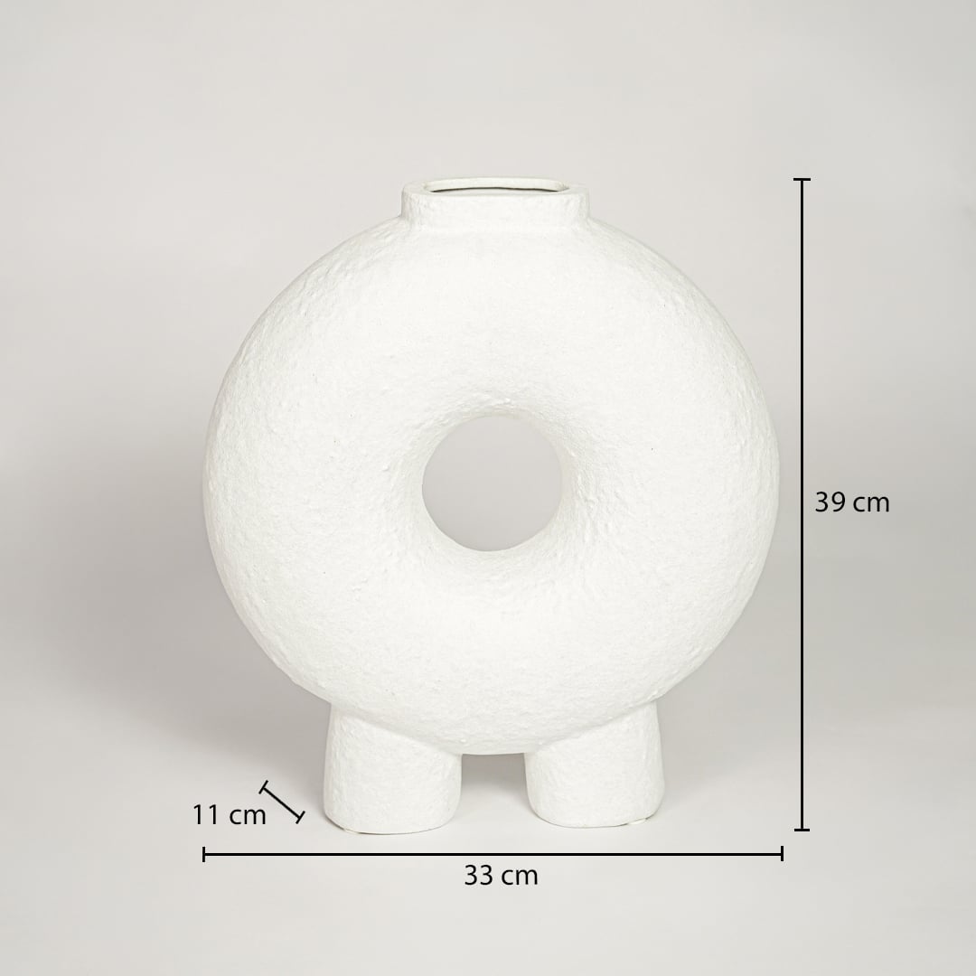 Ezra loop white ceramic vase measuring 39 cm height 33 cm width and 11 cm depth ideal for console decor placement.
