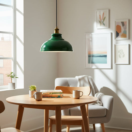 Green metal pendant light with gold holder hanging above dining table adding vintage charm and warm focused lighting to modern home interiors.