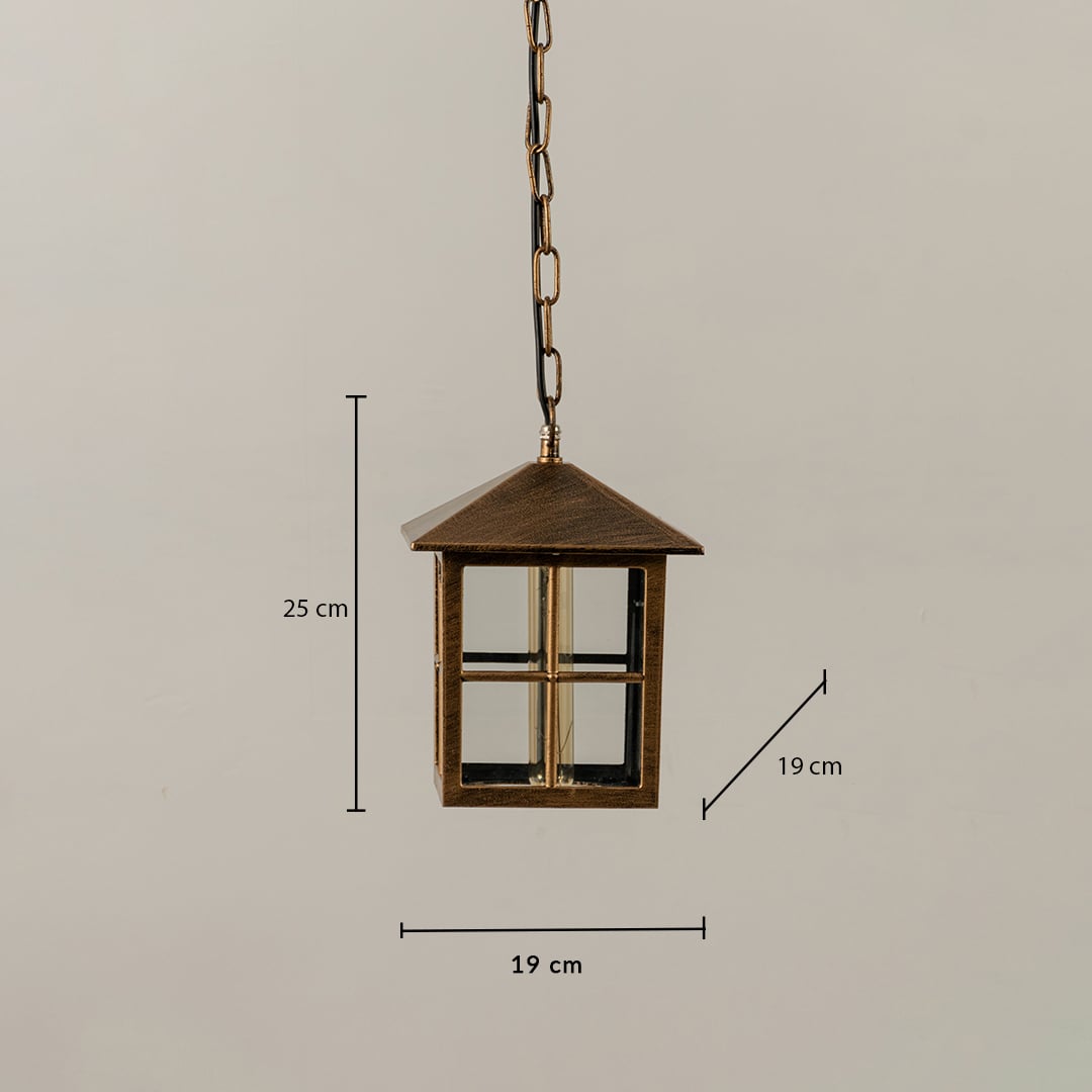 Technical diagram of round outdoor pendant light showing height 36 cm and width 21 cm with chain length reference.