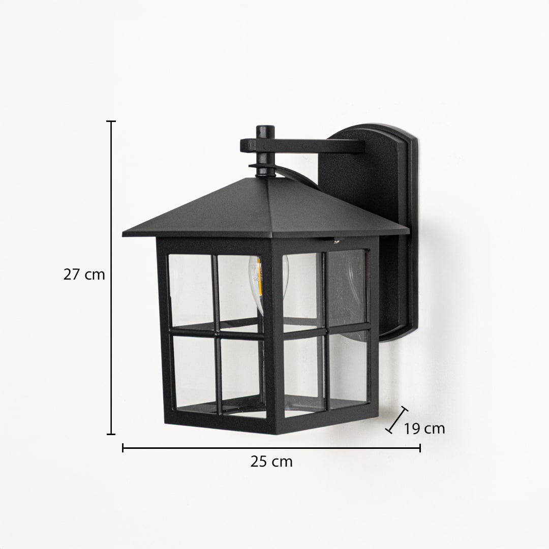 Outdoor wall light with square lantern design black finish and glass panels shown with 27 cm height 25 cm width 19 cm depth.