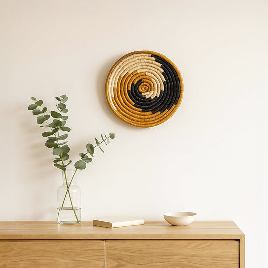 Spiral patterned woven wall basket displayed above sideboard with glass vase creating artistic statement for modern interior Decor.