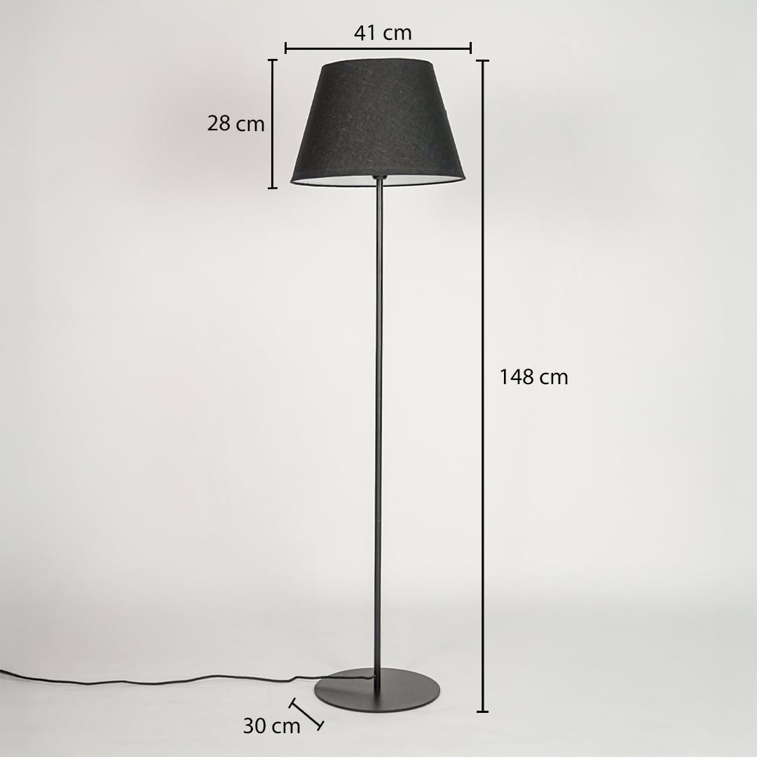 Floor lamp 148 cm height with 41 cm shade width 28 cm shade height and 30 cm round metal base diameter.