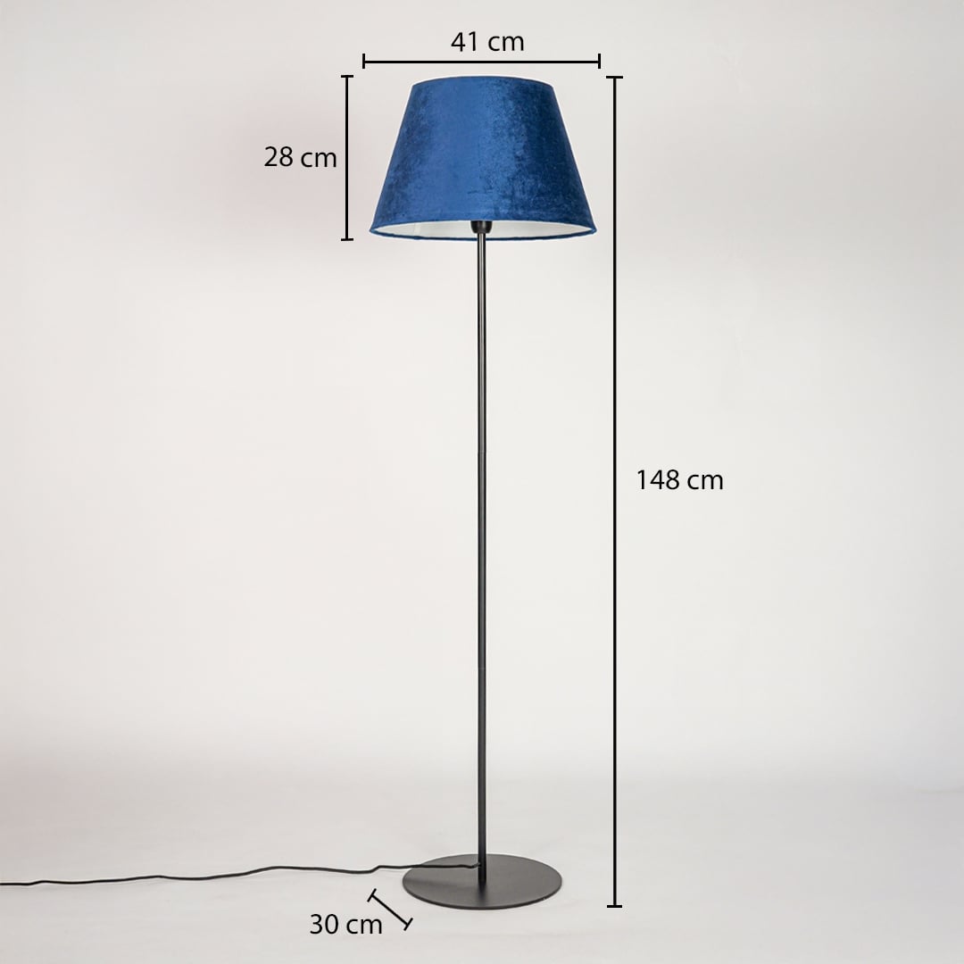 Floor lamp 148 cm height with 41 cm shade width 28 cm shade height and 30 cm round base diameter shown clearly.