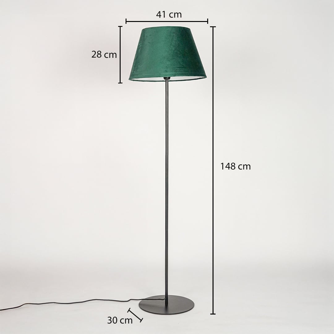 Floor lamp 148 cm height with 41 cm shade width 28 cm shade height and 30 cm round base diameter shown clearly.