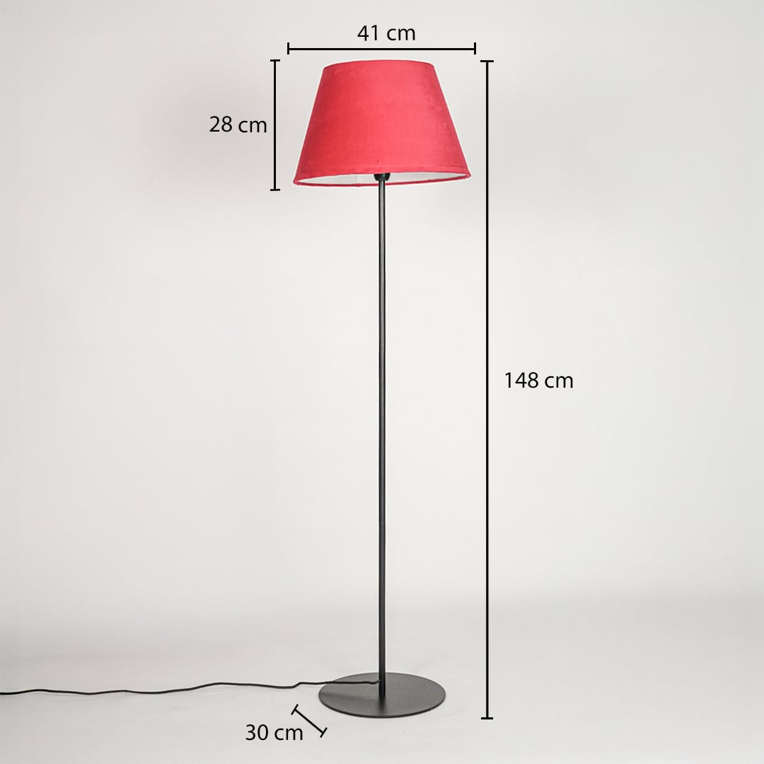 Floor lamp 148 cm height with 41 cm shade width 28 cm shade height and 30 cm round base diameter.