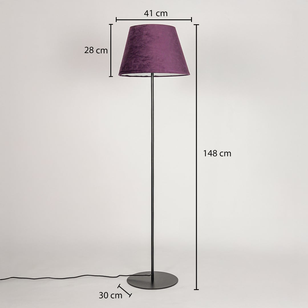 Floor lamp 148 cm height with 41 cm shade width 28 cm shade height and 30 cm round metal base diameter.
