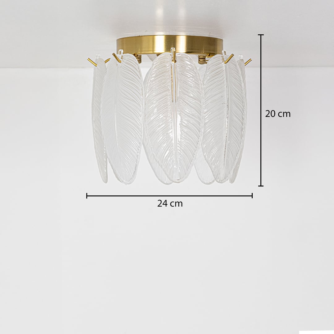 Gold metal ceiling light with frosted leaf glass panels shown with measurements including 24 cm width and 20 cm height for accurate installation guidance.