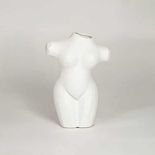 Modern white ceramic female body shaped flower vase ideal for dried floral arrangement on console table shelf and home decor styling.