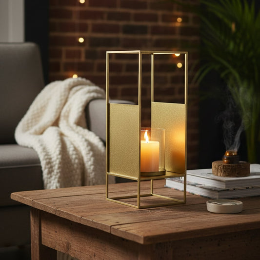 Gold metal decorative lantern with clear glass candle holder styled on console table adding warm ambient glow to modern home Decor.