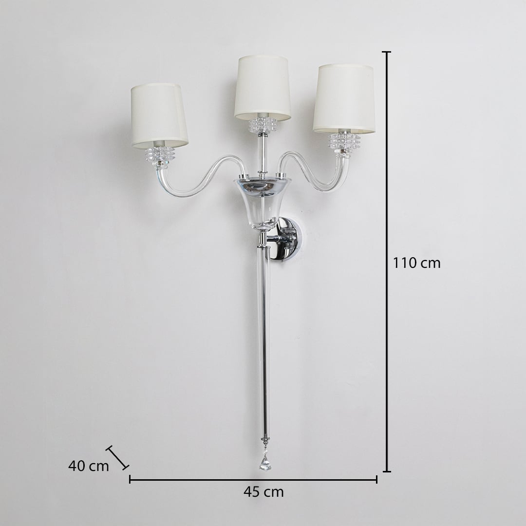 Triple arm wall light with chrome finish and fabric shades size 40cm height 110cm width 45cm depth displayed with measurements.