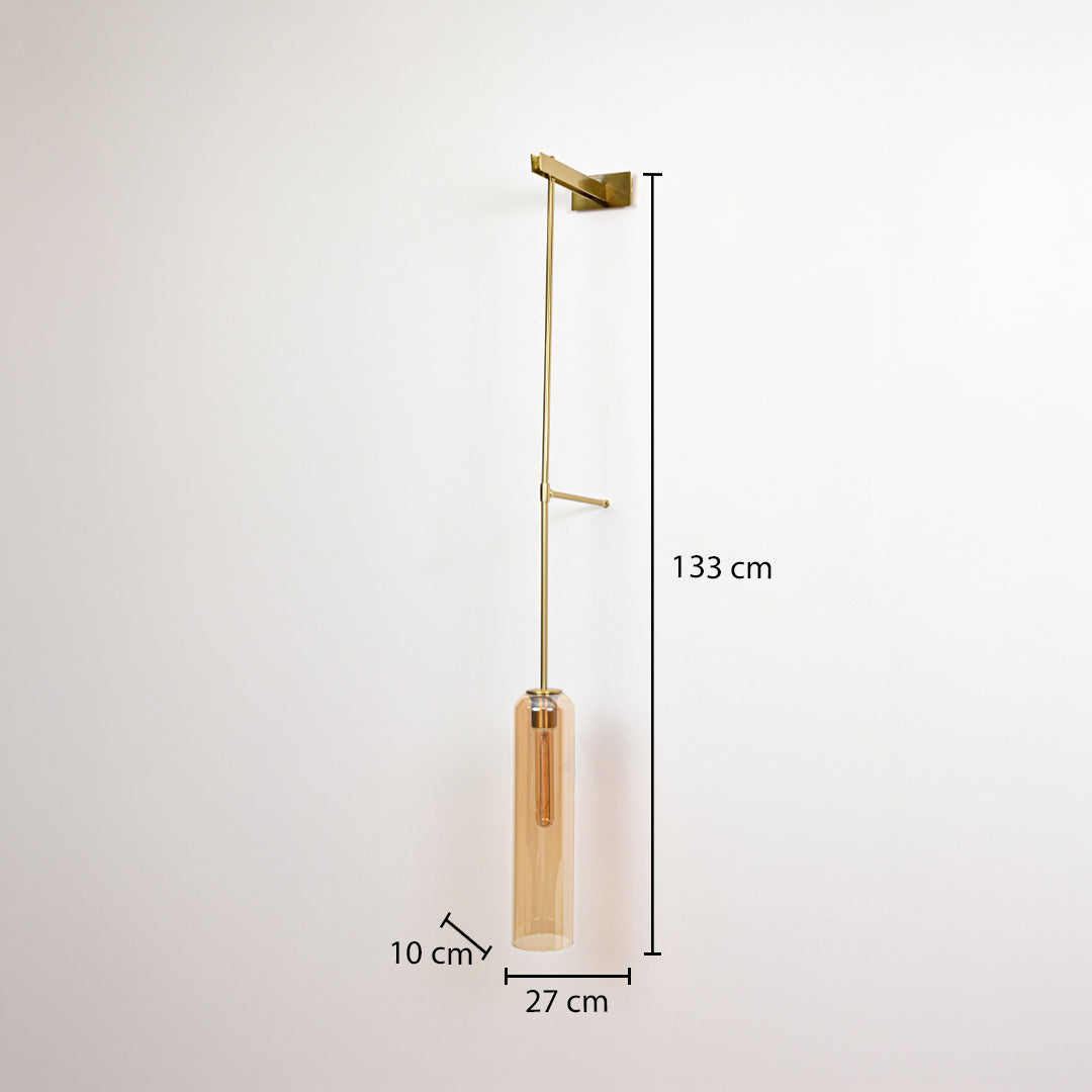 Minimal gold wall light with hanging tube shade sized 130 cm height 27 cm width and 13 cm depth perfect for modern interior decor.
