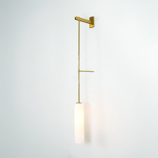 Wall mounted pendant light with gold metal arm and white glowing tube shade perfect for modern wall decor on clean background.