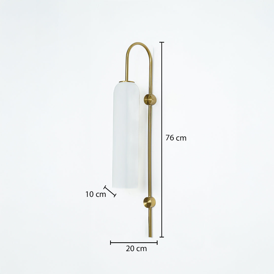 Gold metal frosted glass wall light with 76 cm height 20 cm width and 10 cm depth for modern decor spaces.