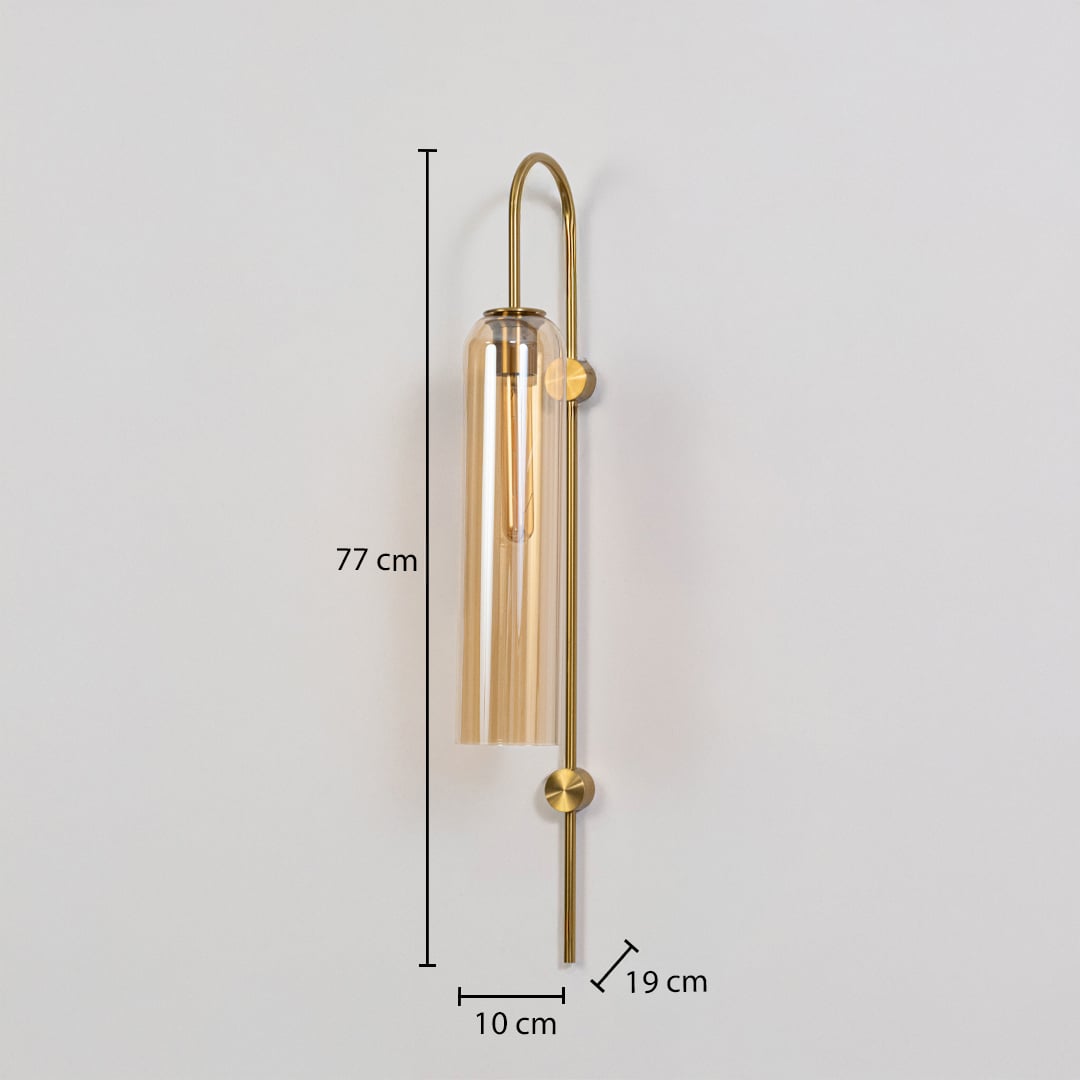 Gold metal glass wall light with 77 cm height 16 cm width and 19 cm depth for modern decor spaces.