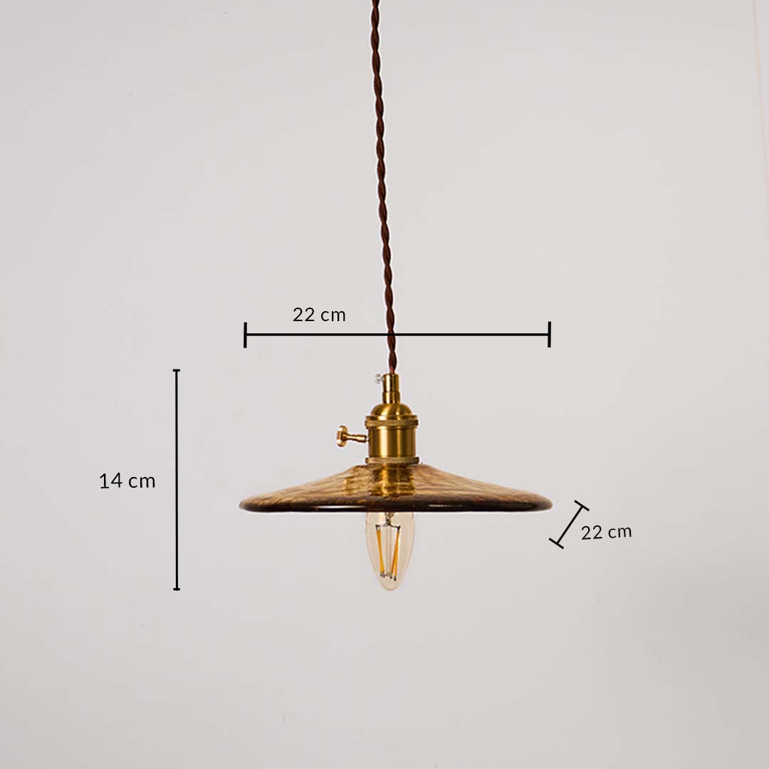 Amber glass and brass pendant light dimension image with 22 cm width and 14 cm height for elegant dining placement.