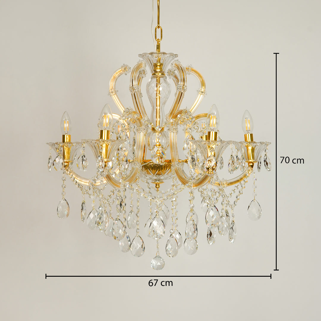 Dimension image of gold metal candle style chandelier for modern dining room decor styling with precise size measurement.