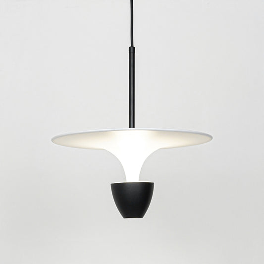 Modern white pendant light with black metallic accent for elegant dining room and luxury interior decor styling.