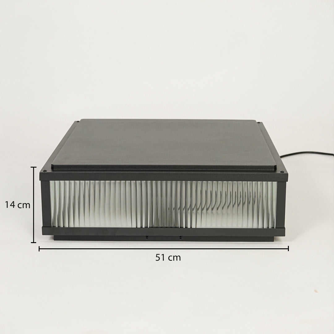 Modern rectangular outdoor wall light with black metal frame and ribbed glass diffuser on neutral background 51 cm width 14 cm height ideal for exterior decor lighting.