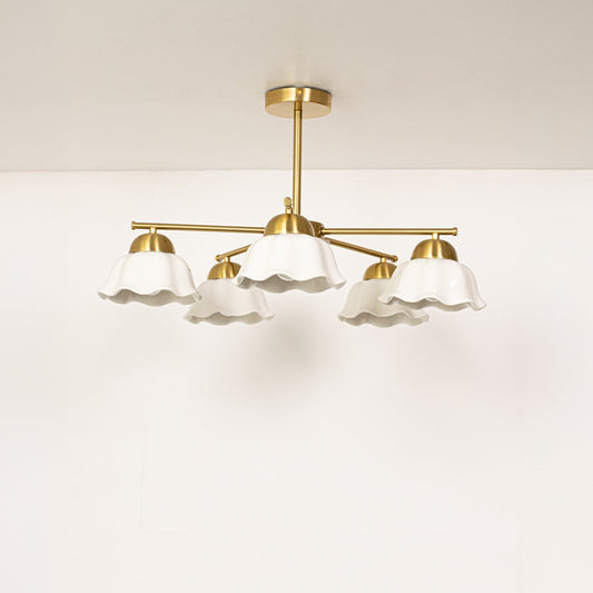 Metal ceiling light with white petal shaped shades displayed with lights off on a clean white background showcasing its modern design.