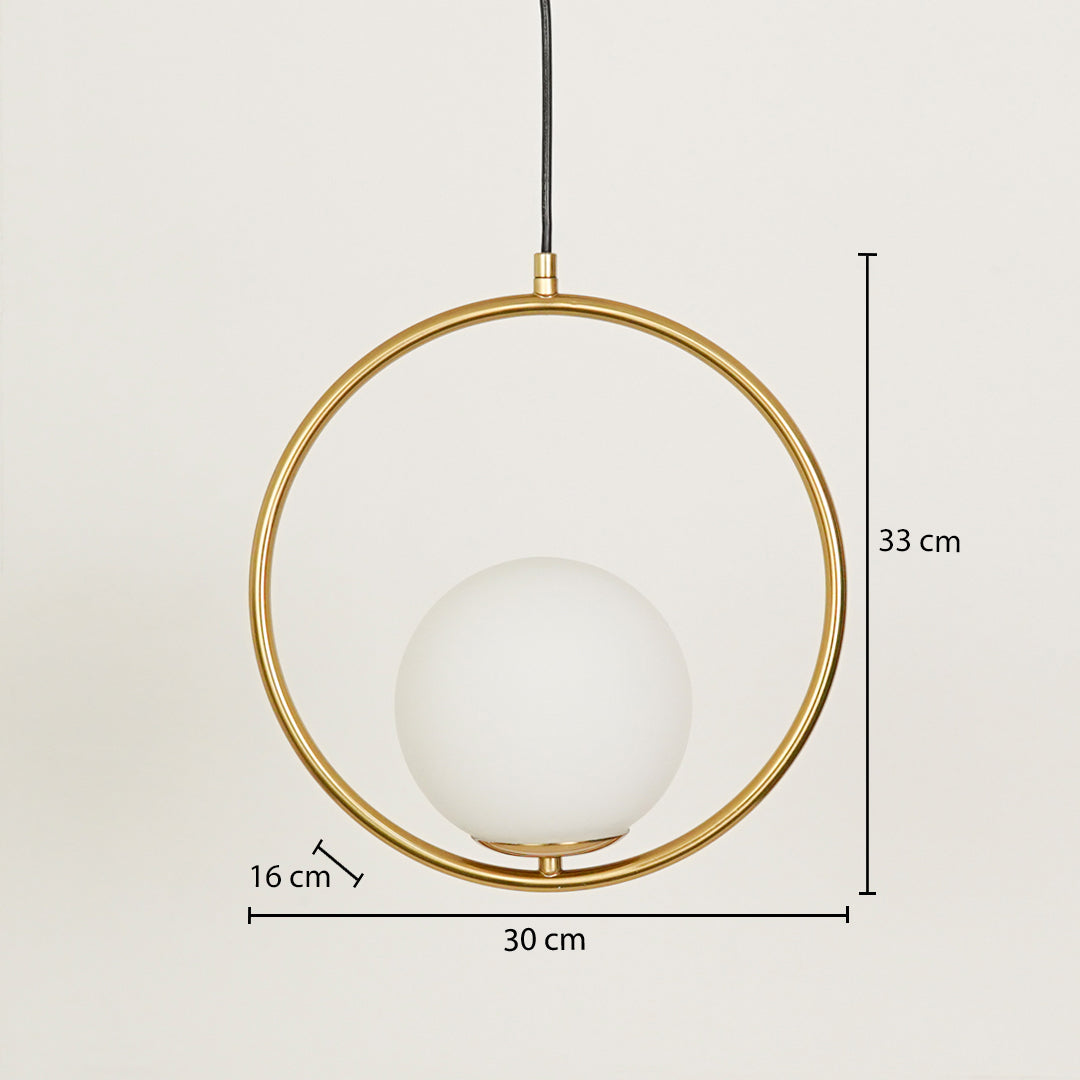 Modern gold ring pendant light measuring 35 cm height 30 cm width and 16 cm depth on white background.