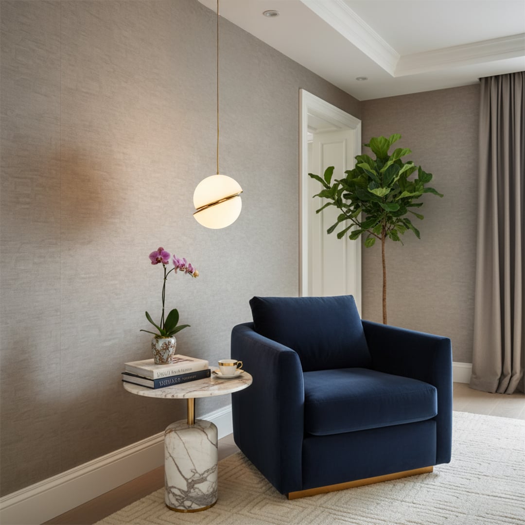 White glass pendant light beside armchair adding modern luxury and warm ambient lighting to elegant living room decor.