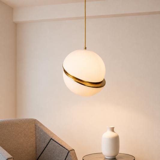A modern spherical pendant light with a frosted white globe shade and a polished gold metallic band, hanging in a minimalist room setting.