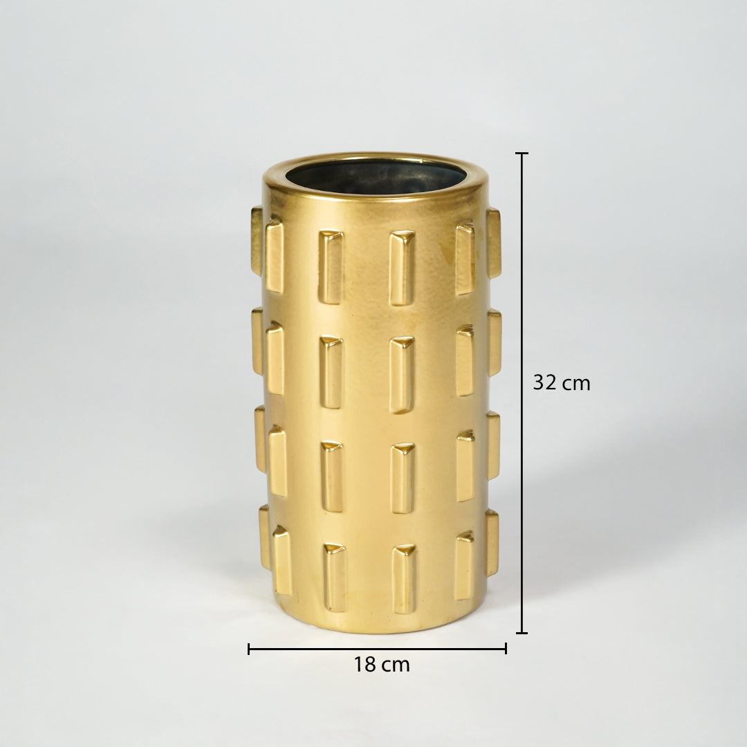 Gold metal planter vase dimension image with 32 cm height and 18 cm width for stylish table decor.