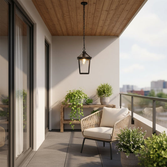 Black outdoor lantern styled in a modern setting casting warm ambient light and enhancing the decor with its clean frame and clear textured glass finish.