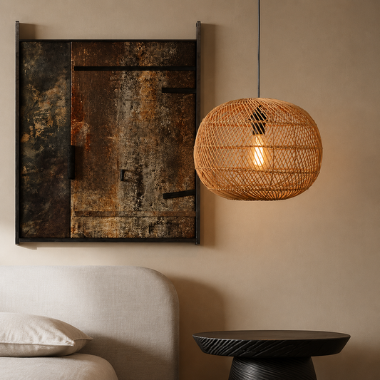 A spherical woven rattan pendant light hangs in a warm, modern room setting next to a beige upholstered chair and a textured dark brown wall art piece.