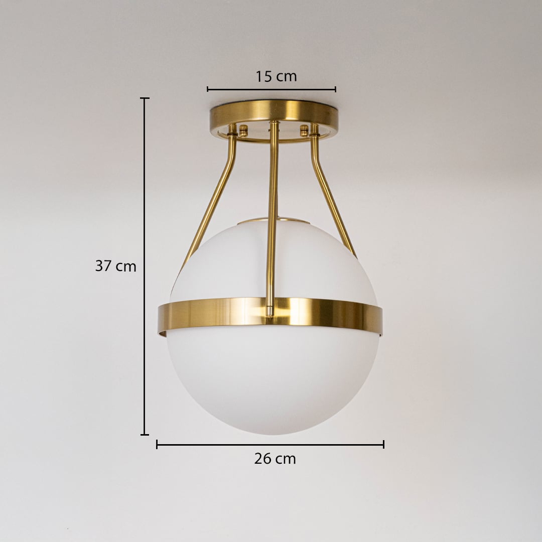 Gold ceiling light with frosted glass globe shown with dimensions 37cm height and 26cm width for modern ceiling decor.