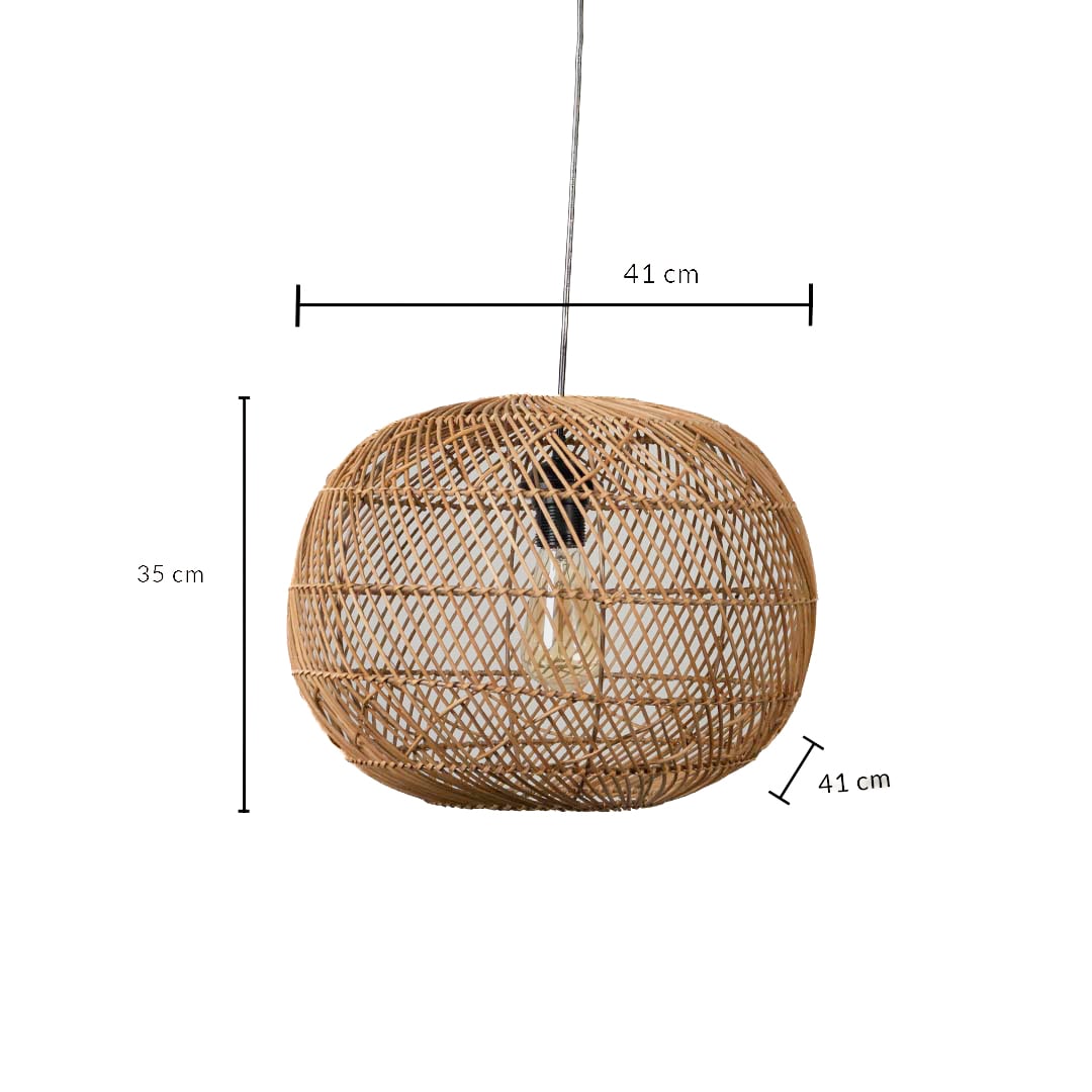Round rattan pendant light dimension image showing 35 cm height and 41 cm width with woven texture.