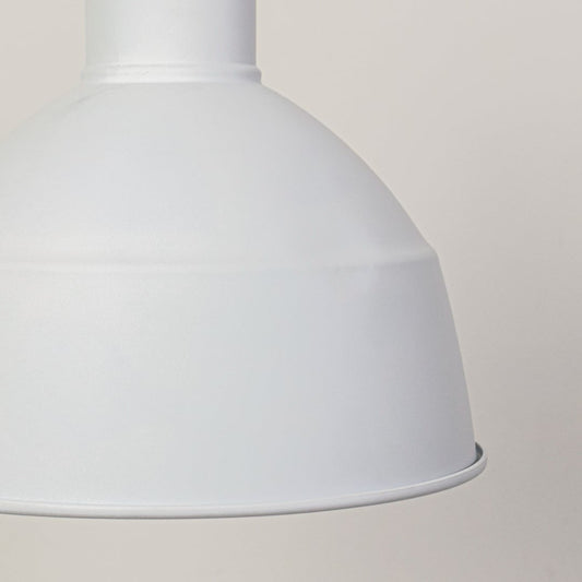 Closeup of white metal pendant light showcasing matte finish dome shape and clean contemporary ceiling mount design.