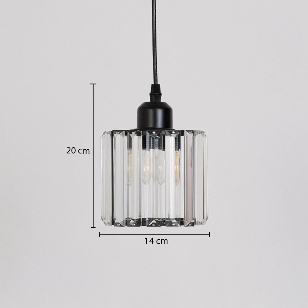 Dimension image of clear ribbed glass pendant light with black metal frame showing 20 cm height and 14 cm width.