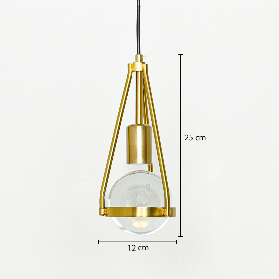 Gold metal frame and textured glass pendant light dimension image with 12 cm width and 25 cm height for luxury bedside placement.