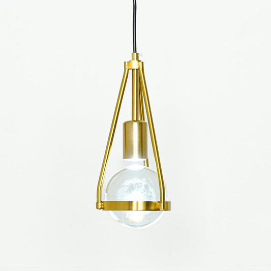 Stylish gold hanging pendant light with triangular frame and clear glass shade on neutral background perfect for modern decorative lighting.