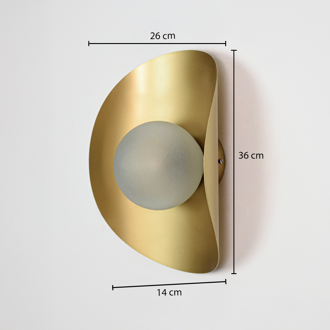 Wall light dimensions image showing 36 cm height with 26 cm width and 14 cm depth highlighting the compact gold metal wall light design.