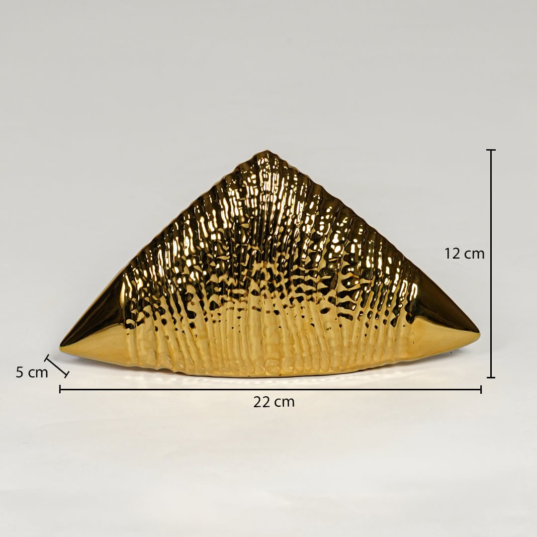 Gold striped ceramic triangle table decor measuring 12 cm height 22 cm width and 5 cm depth perfect for shelf styling.