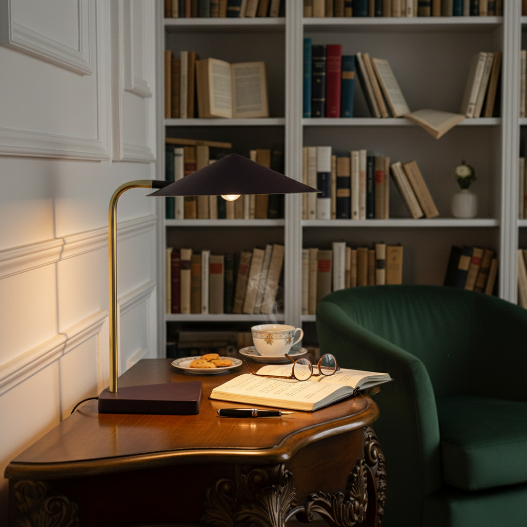 Contemporary brass desk lamp with geometric shade styled on wooden writing desk in a sophisticated home office.