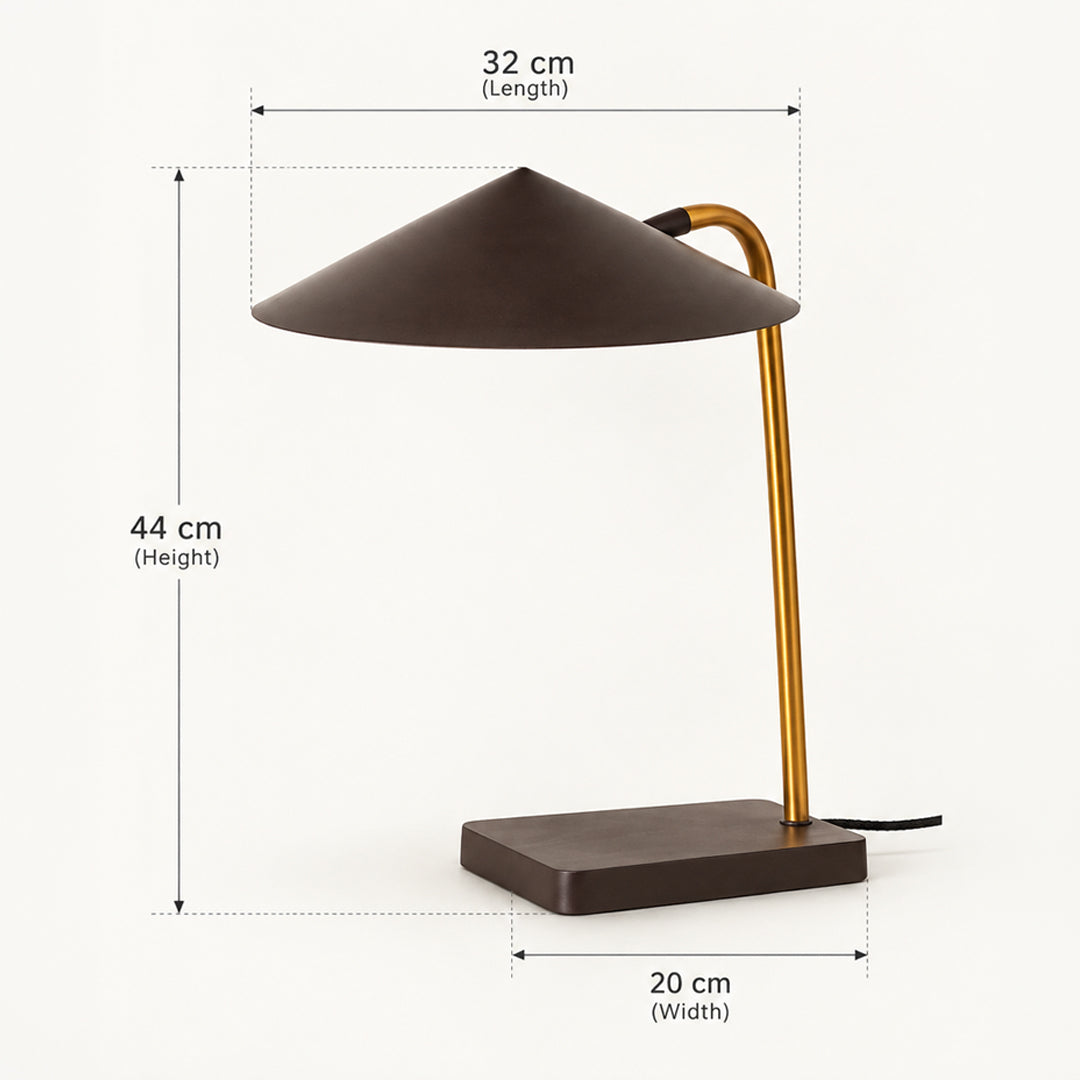 A modern table lamp with a dark brown conical shade and base, and a gold-toned curved stem, shown with dimension labels indicating 32 cm length, 44 cm height, and 20 cm width on a light background.