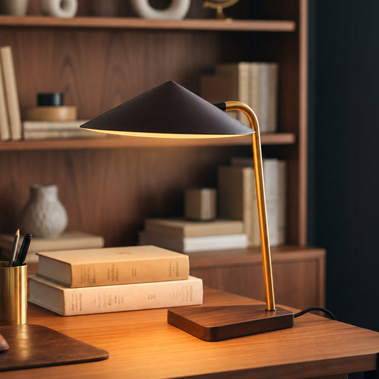 A modern desk lamp with a matte black conical shade, a curved brass-toned metal stem, and a dark wood base, illuminated on a wooden desk with books and a bookshelf in the background.
