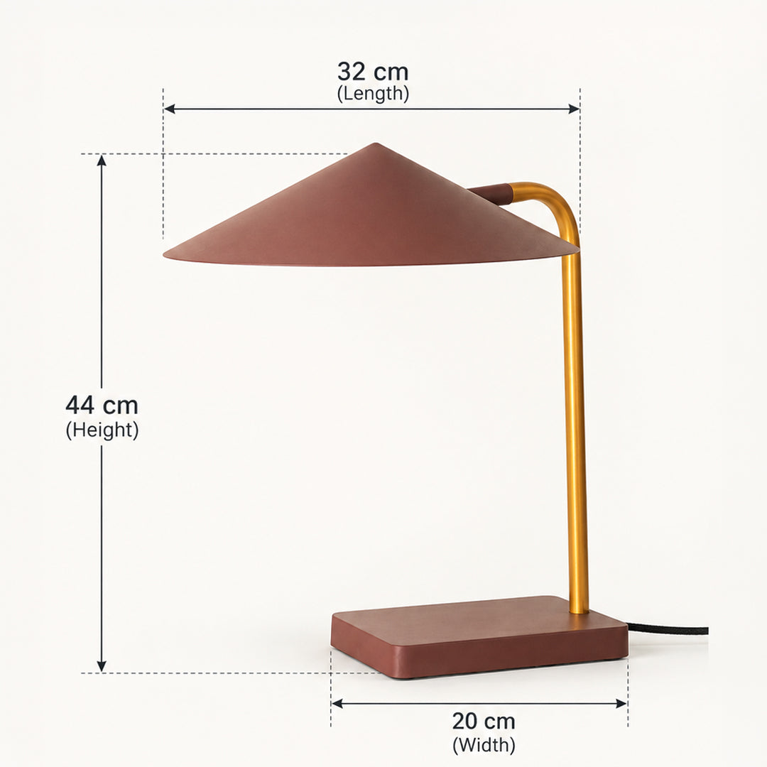A desk lamp with a conical shade, gold-colored curved arm, and rectangular base in a dusty terracotta brown color, shown with dimension lines and labels indicating 32 cm length, 44 cm height, and 20 cm width.