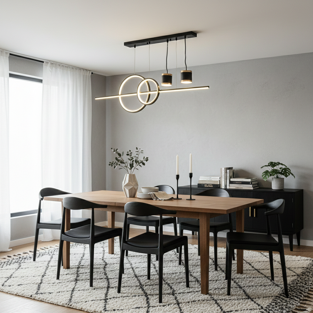 Gold metal chandelier with circular LED accents above dining table creating sophisticated modern interior lighting.