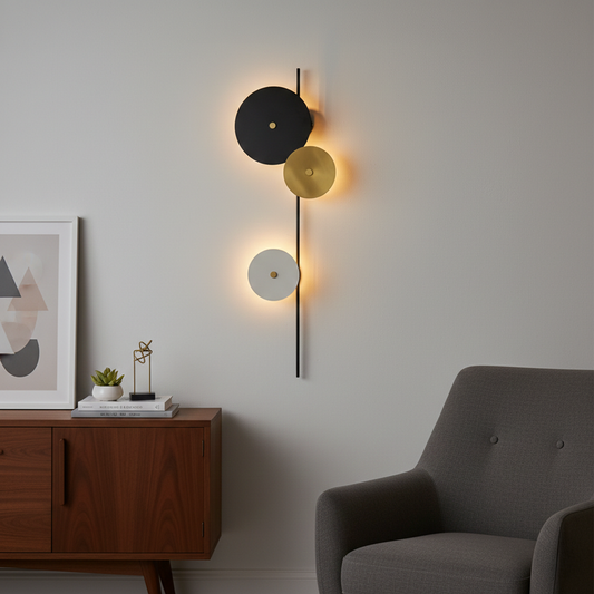 Wall light styled in a modern living room with three circular discs in black gold and white mounted vertically on a slim black bar casting a soft ambient glow.