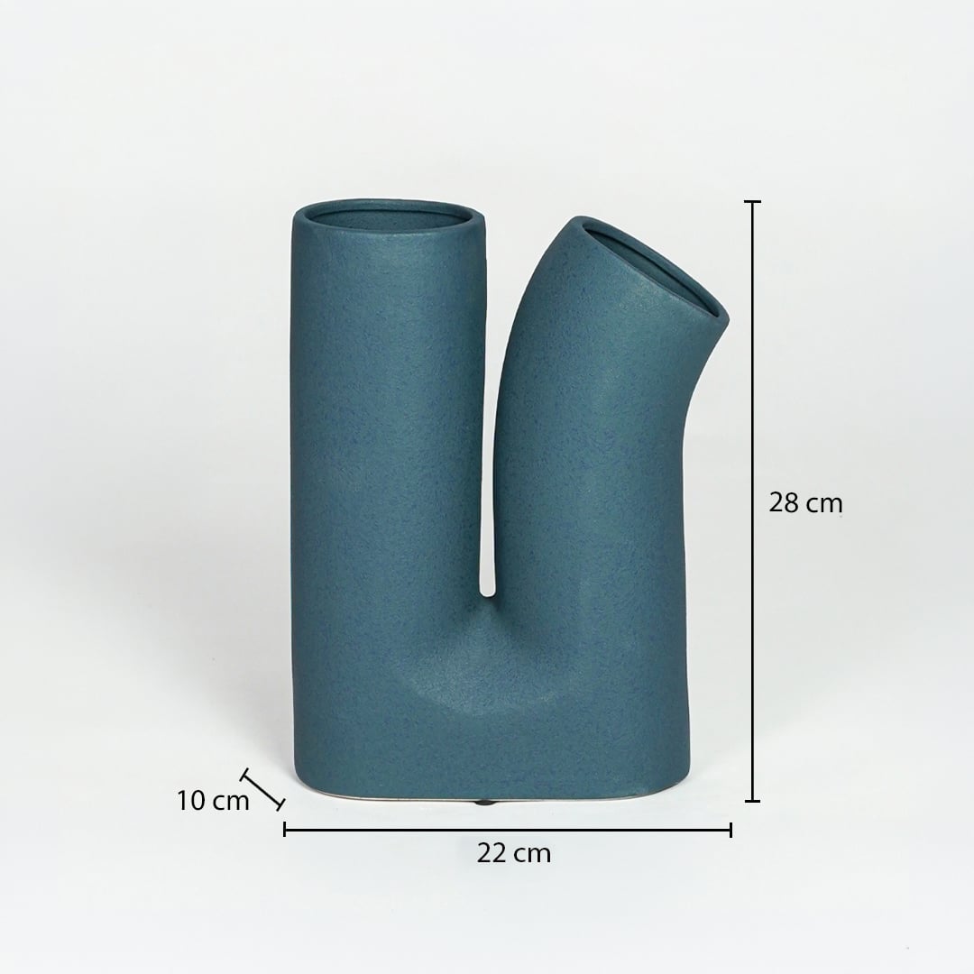 Teal ceramic designer vase 28 cm height 22 cm width ideal for console table shelf and living room decor.