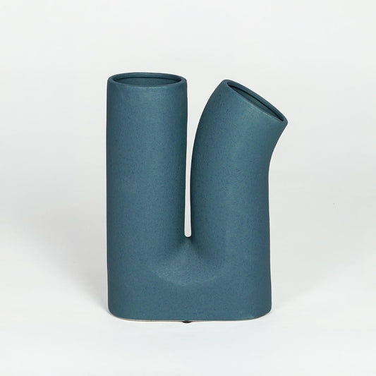Contemporary teal ceramic double neck flower vase with smooth matte finish for minimalist home decor.